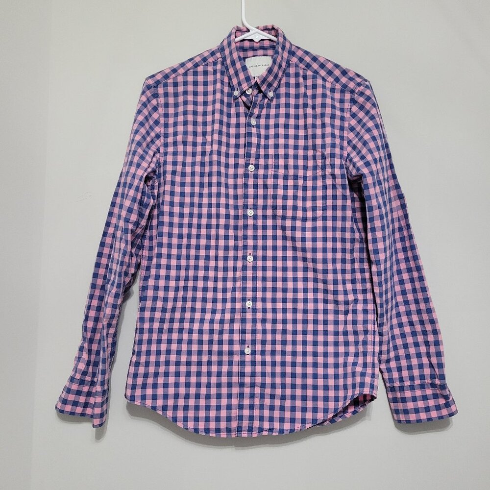 American Eagle Long Sleeve Shirt Mens XS‎ Pink and Blue Check Plaid Cotton